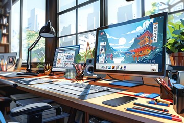 Aufkleber - Modern graphic designer workspace with computer screens, tools, and natural light from large windows overlooking the cityscape.