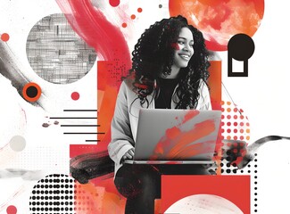 Collage of woman working on laptop. Creative modern design, artwork. Remote work and freelance concept. 