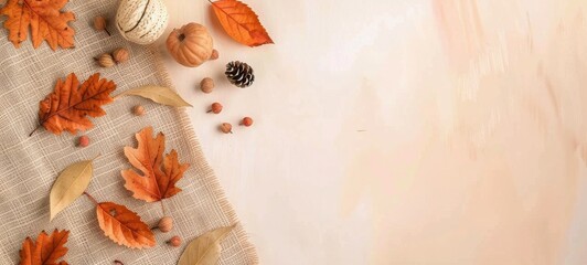 Poster - Autumn Leaves and Pine Cones on a White Background