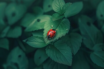 Sticker - ladybug on green leaves