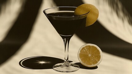 Poster -   A monochrome picture of a glass of wine accompanied by an orange slice