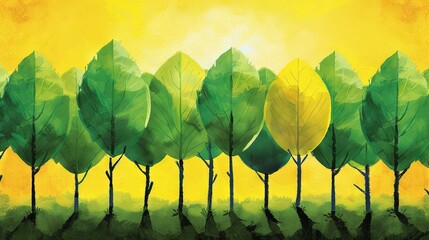 Canvas Print -   A row of yellow-green trees with green leaves on the top and bottom