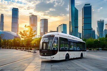 Electric bus with city background. Advanced public transportation and eco-friendly urban transport. Smart city concept. Banner, poster, advertisement with copy space