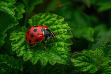 Canvas Print - ladybug on green leaves