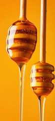 Poster - honey dripping from a wooden stick on a yellow background