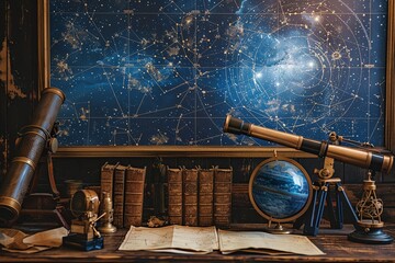 Poster - Vintage astronomy setup with antique telescopes, celestial maps, and old books, depicting the study of stars and planets.
