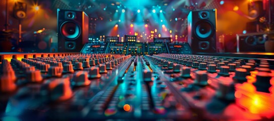 Recording studio scene with sound mixer panel. Stock photo