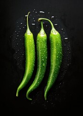 Canvas Print - three green chili peppers on a black background