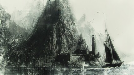 Poster -   A monochrome image of a castle on water with a mountain in the backdrop