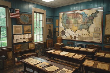 Poster - Vintage classroom with old desks, maps, and historical documents, capturing the essence of early education in America.