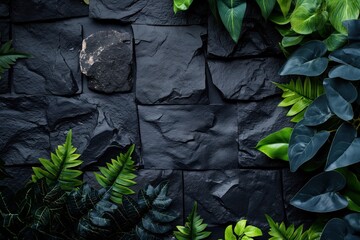 Canvas Print - a black stone wall with green plants