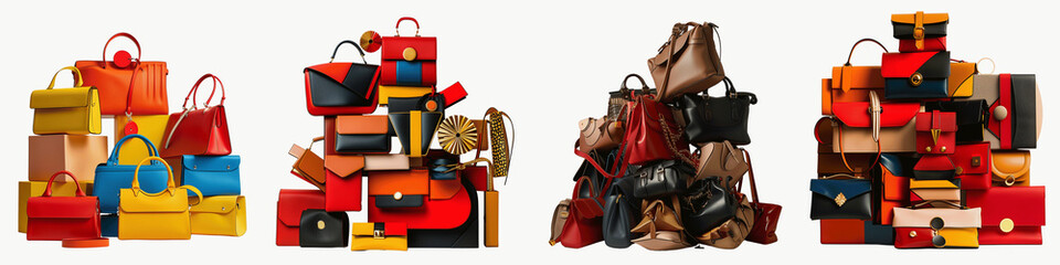 set of a collection of fashionable handbags displayed in an artistic arrangement, An Artistic Display of Trendy Handbags, Chic Handbags Arranged Artfully, on a transparent backgrounds