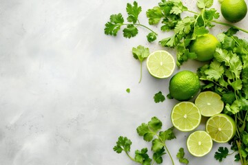 Wall Mural - fresh cilantro and lime on a white background