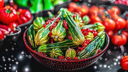 Wall Mural -   A bowl brimming with cucumbers and tomatoes sits atop a table alongside other fruits and vegetables