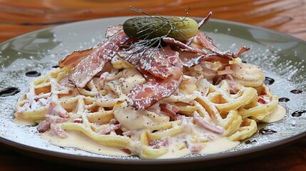 Wall Mural -   A plate of pasta topped with bacon, cheese, and a pickle sits on a wooden table