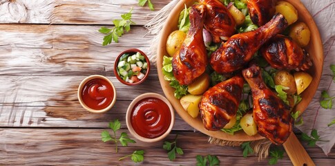 Wall Mural - bbq chicken wings on a wooden table