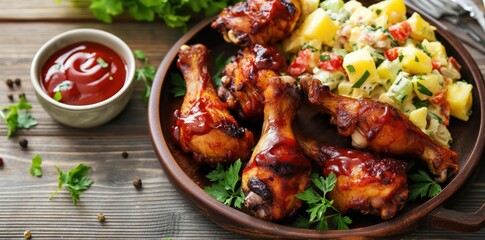 Wall Mural - bbq chicken wings with potatoes and ketchup