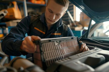 Mechanic Demonstrating Clean vs Dirty Air Filter for Regular Maintenance Awareness, Auto Repair Shop Scene