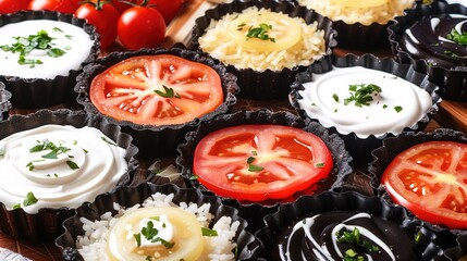 Canvas Print -   A photo of a close-up cupcake tray adorned with tomatoes and additional toppings