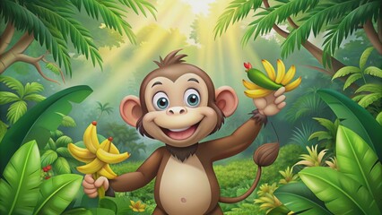 Wall Mural - Cheerful cartoon monkey holding bananas in jungle setting, monkey, cartoon, bananas, tropical, leaves, playful, jungle, cute