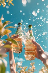 Wall Mural - two people holding beer bottles in the air