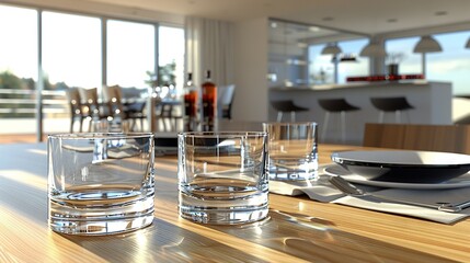 Wall Mural -   A wooden table, topped with glasses and a plate, stands next to another plate atop a wooden dining room table