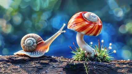  Snail & Snail on Log, Blue Background, Grass & Flowers