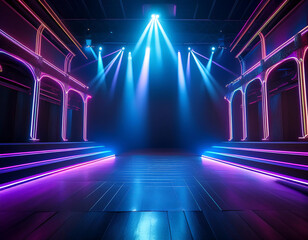 Poster - Firefly Neon Light Stage- A dramatic scene of an empty stage illuminated by neon lights, with a dark (2)
