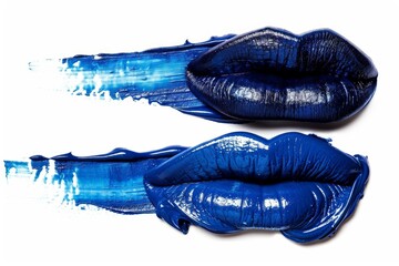 Poster - Closeup of a vibrant blue lipstick kiss and a brush stroke effect on a white background