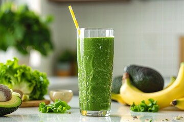 Wall Mural - Healthy Green Smoothie in a Tall Glass with Fresh Avocados, Bananas, and Greens on a Kitchen Counter