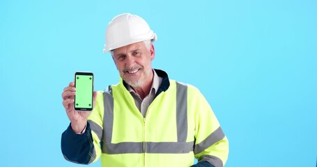 Aufkleber - Face, green screen and construction man with cellphone, engineering or network on blue studio background. Maintenance, ux presentation or person with smartphone, architecture and tracking markers