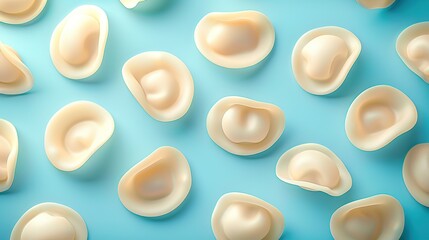 Sticker -   A detailed photo of a handful of macaroni shells against a blue backdrop, featuring a repetitive pattern of the shells