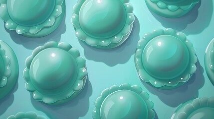 Wall Mural -  Green buttons on blue surface with water droplets on top