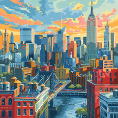 Wall Mural - Cityscape with skyscrapers, bridges and river. Vector illustration