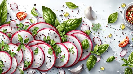 Sticker -   Radishes sliced and seasoned bowls next