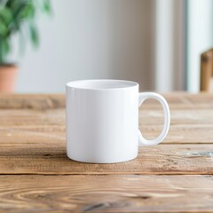 Minimalist White Coffee Mug Mockup on Wooden Table for Branding Concepts