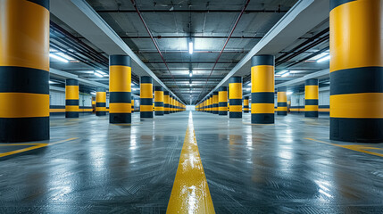 Empty underground parking lot for customers and staff with black and yellow dividing markings on columns well lit by lamps