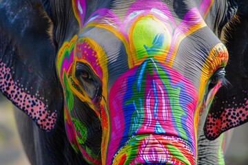 Canvas Print - Closeup shot of a vibrantly painted elephant, showcasing the intricate and colorful neon paint design as a part of a joyous and vibrant indian cultural celebration