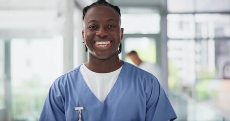 Canvas Print - Nurse, man and pride for healthcare on face, consultation service and medical professional in clinic. Black male person, doctor and support for medicare in portrait, hospital and happy for insurance