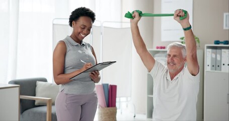 Sticker - Women, physiotherapist and senior patient with clipboard or resistance band to support, progress and healthcare. People, injury and happy in clinic for fitness, exercise and workout or rehabilitation