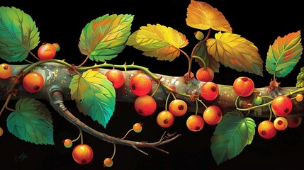 Wall Mural -   A painting of a red-berried branch with emerald leaves and a chameleon nestled within it