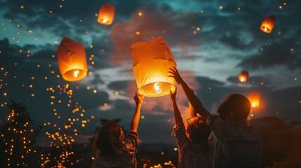 Poster - A group of people, with their backs to the camera, release floating lanterns into the evening sky, adding to a beautiful, serene, and hopeful cultural celebration event.