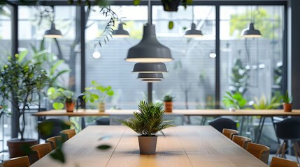 Poster - A modern cafeteria featuring a large communal table, potted green plants, and ample natural light streaming through large windows, creating a serene atmosphere.