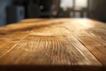 Sticker - Closeup of a wooden table bathed in golden sunlight with a blurred background