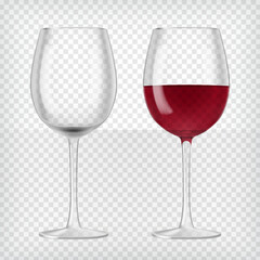 Set of realistic transparent wine glasses. One glass red wine and empty glass. Graphic design element for advertisement, flyer, poster, web site, restaurant menu, scrapbooking. Vector illustration