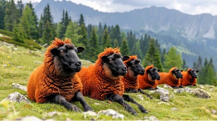 Poster -   Sheep resting on green grass near tall green trees