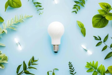 Poster - White light bulb surrounded by various green leaves on a bright blue background, depicting ecofriendliness