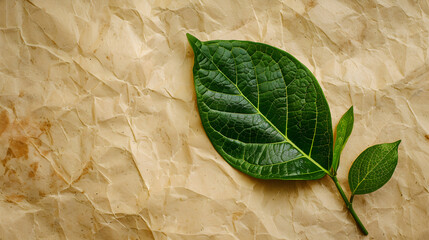 Wall Mural - A vibrant green leaf stands out against a simple beige background in a natural setting.