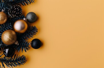 Wall Mural - Christmas Ornaments and Pine Branches on Yellow Background