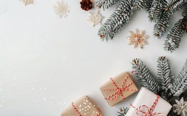 Poster - Gift Boxes and Pine Branch on White Background